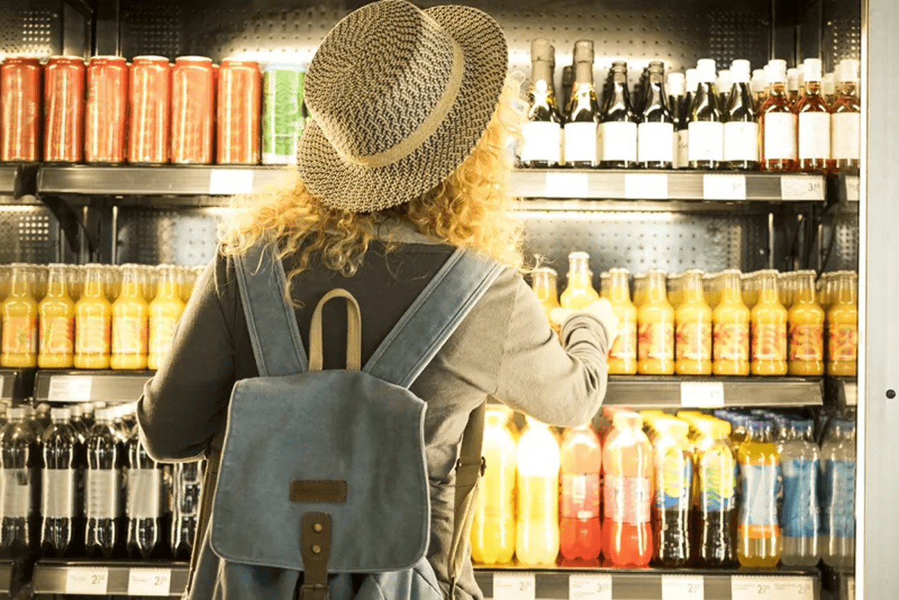 Shopper choosing drinks in a refrigerated section.